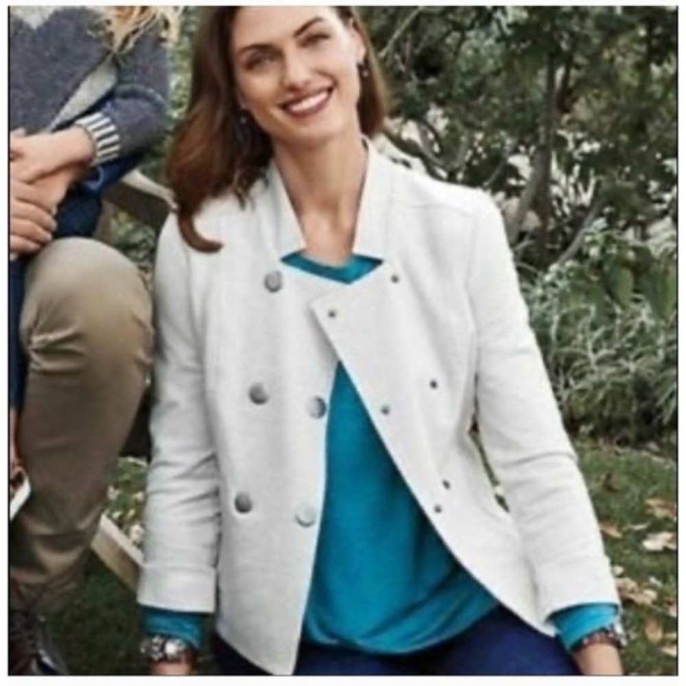 Cabi Women Double Breasted Moto Jacket Cream Linen Blend Size M